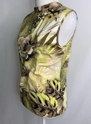 Apriori Golden Yellow Tan & Green Tropical Floral High Neck Sleeveless Top 10