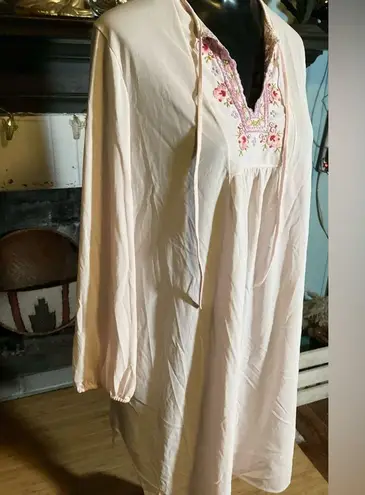 Vintage Light Pink Sheer Nightgown with Embroidered Chest with Tie at Neck Small