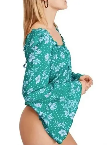 Free People  One on One Flare Sleeve Floral Dot Long Sleeve Bodysuit Green
