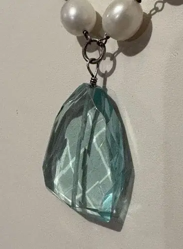 Fresh Water Pearl & Aqua Tear Drop Crystal Statement Necklace Glamorous Jewelry Silver