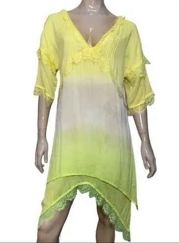 Pink Memories Women’s Size 42 L Yellow Green Tan Tie Dye Lace Trimmed Dress Size L