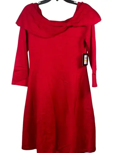 Jessica Howard Sweater Dress Women's Medium Red Off the Shoulder Bow Knit Midi