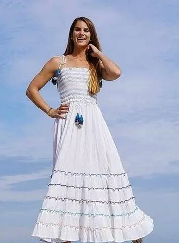 Playa Lucila White Smocked Tassel Spaghetti Strap Tiered Ruffle Maxi Dress Sz XS