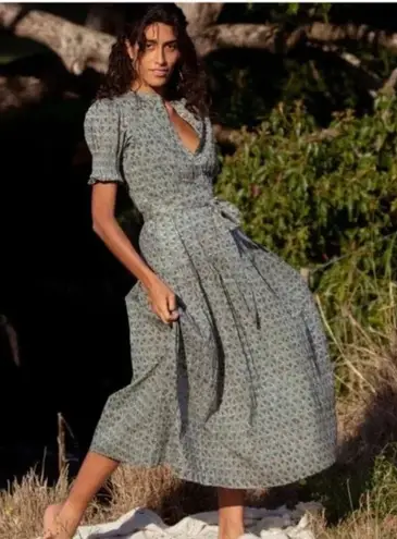 NWoT Daughter's of India Prairie Midi in Sage Floral Cotton Blockprint Dress S Green