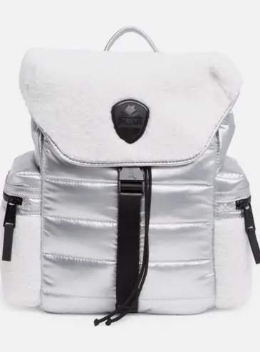 Pajar Silver Puffer Backpack Faux Fur Trimmed Accents Stylish Travel Bag