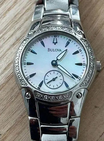 Bulova Diamonds Ladies Watch Pearl Dial Stainless Bracelet Blue Markers 96R55