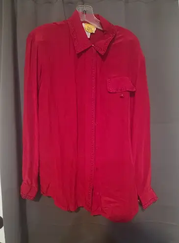 Tess Red Embroidered Collar Blouse, Women's Small Top, Elegant Cuffs, Vintage