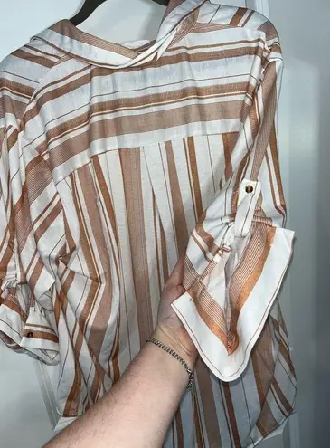 Eden & Olivia Button Up Orange & White Stripes Chic Flare Pocket Blouse Size XL