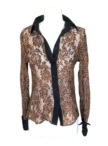 Vintage Richard Malcolm Black Unlined Mesh Lace Button Front Long Sleeve Blouse Size M