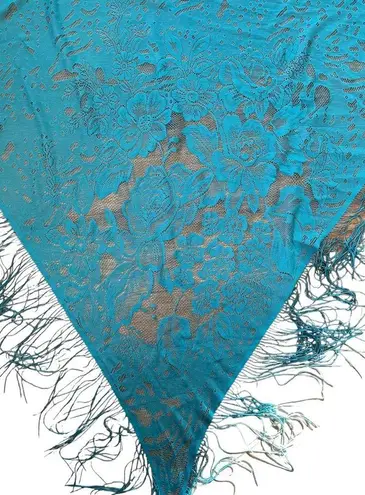 Ethereal Boho Witch Hippie Romantic Blue Sheer Floral Fringe Bandana Lace Shawl