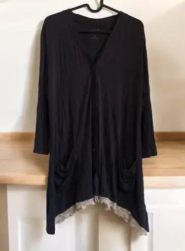 LOGO navy Blue lace trim tunic cardigan top Button Up Asymmetrical Women’s M Size M