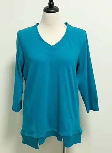 Rafaella Teal Blue Green V Neck 3/4 Sleeve Textured Stripe Top NWT 1X Stretch