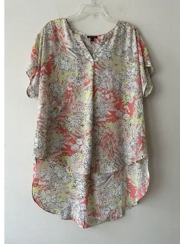 Sami & Jo Floral Print High Low Semi Sheer V Neck Blouse Size XL