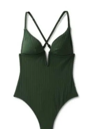 Shade & Shore Women’s Ribbed Plunge Front V-Wire Dark Green One Piece Swimsuit NWOT Size‎ XL