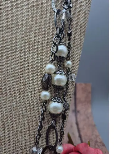 Premier Design Gun Metal Chain Necklace Faux Pearls Hammered Links Multi Strand Black