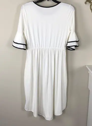 White Midi Dress with Pockets Contrast Black Trim Layered Ruffle Sleeves Size XL