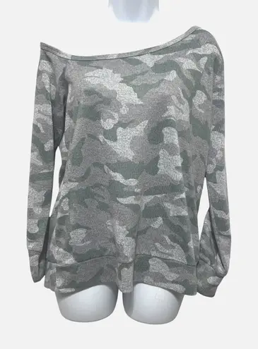 Boston Proper Womens So Soft Camo Off Shoulder Top S Gray Green Casual Comfort