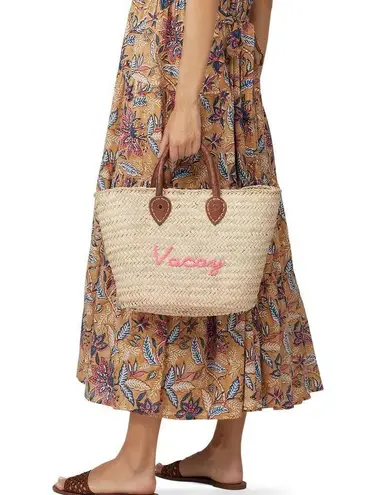 POOLSIDE Woven Straw Open Tote Pink “VACAY” Text Leather Handle Tote Purse