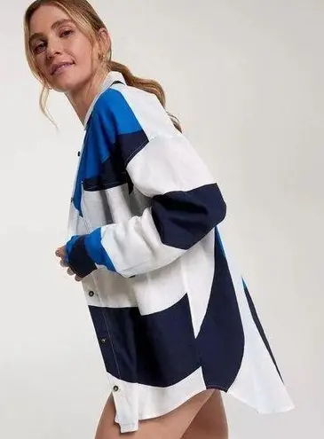 CALIA Women's Oversized Long Sleeve Button Down Cover Up Blue / Navy Size M Size M