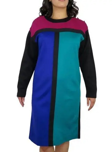 KAYO 1980s Vintage Pink & Blue Color Block Long Sleeve Dress Retro Large Size 10