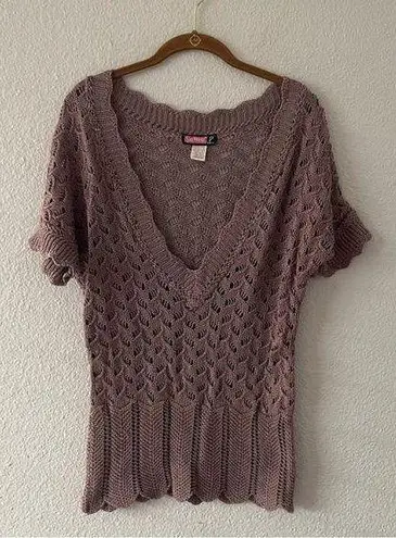 Y2K Lavender Low V Sweater Top Open Knit Purple Shirt Vintage Size M