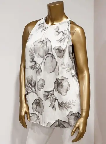 Prologue Women's White Grey Floral Print Sleeveless Silky Halter Top Size M