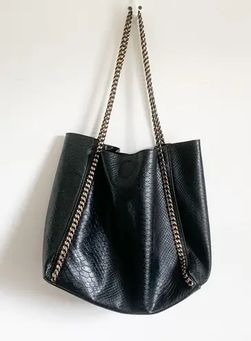 Black Croc Print Vegan Leather Tote Bag With Gold Metal Chain Strap