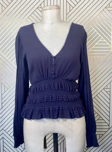 Pookie & Sebastian Smocked Bell Sleeve Top in Navy