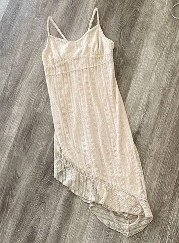 Y2k vintage midi sleeveless dress mesh overlay beige neutral ruffle hem Tan Size M