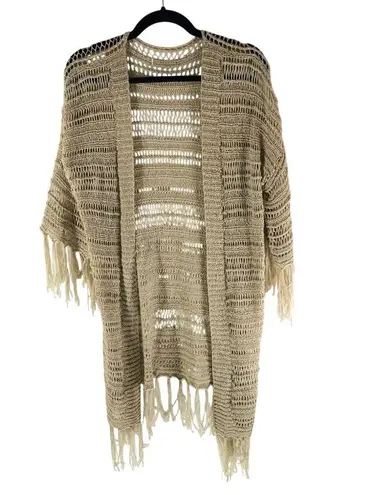 Womens Crochet Fringe Bohemian Cardigan Duster Open Front Beige L? Tan Size L