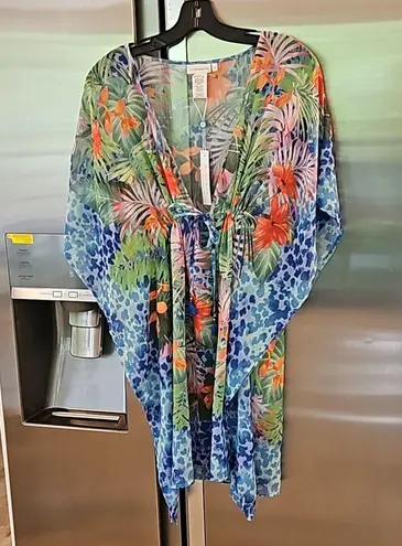 Bleu Rod Beattie ππ Chiffon Cover-Up Caftan ~ Tropical Flight Print Small S NWT