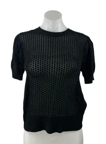 NEW Muse Black Crochet Knit Crewneck Short Puff Sleeve Crop Sweater Top Size M Size M
