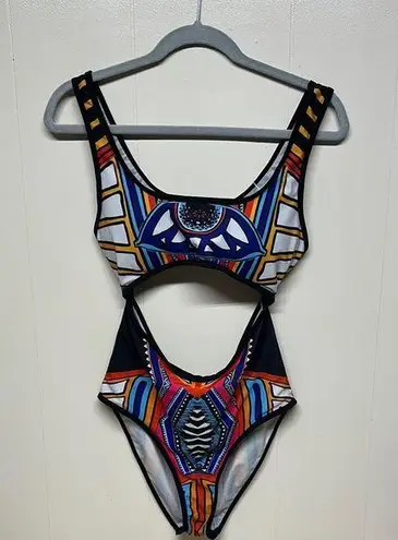 Ekouaer Black and Blue multicolored One Piece Swimsuit with Cut-Out Design