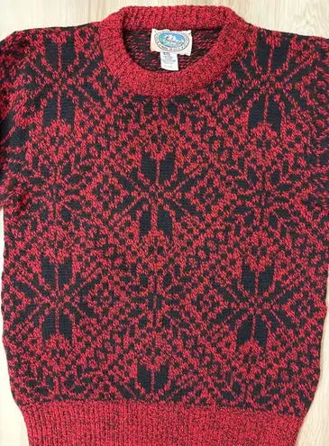 Vintage Red Black Geometric Pattern Wool Blend Sweater Medium Crew Neck Made USA