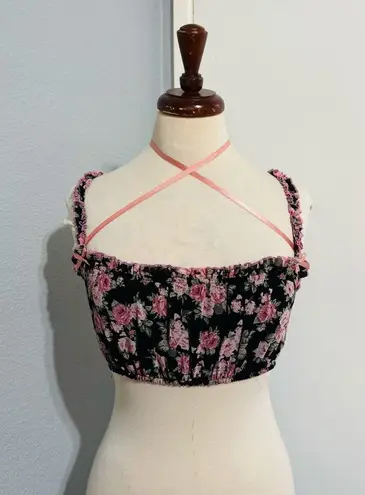Cider Women Floral Black and Pink Spaguetti straps Cropped Tank Top Size S