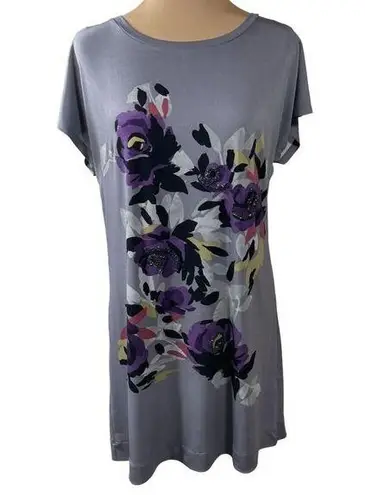 Elle Floral Swing Dress Back Zip Short Sleeve Grey Floral Purple Stretch Size M