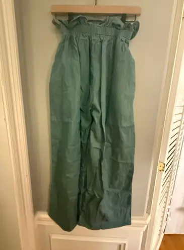 Highlight Sage Green Linen Paperbag Waist Cropped Wide