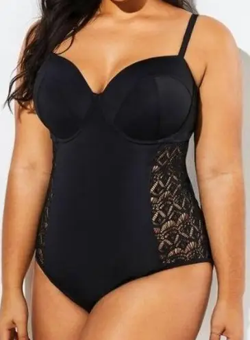 Swimsuits for All Black Backless Crochet Underwire One Piece Swimsuit Size 24