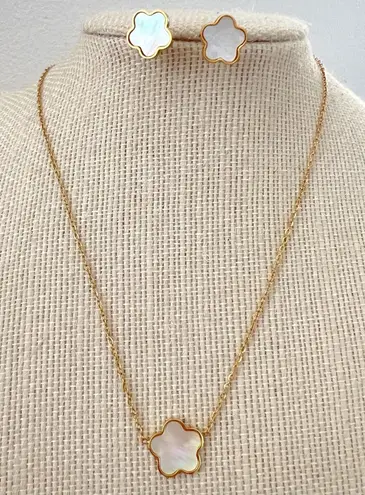 Gold filled over Stainless steel mothers of pearl clover necklace set jewelry
