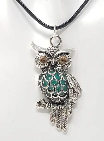 Owl Pendant Necklace w/ Teal Green Resin Body & Bronze Eyes
