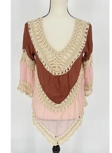 GORGEOUS M/L Brown/Pink Ivory Crochet Beach Pool Cover Up Hi Lo Hem Boho Hippie Pink Size M