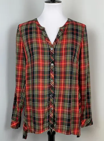 J. Jill Tartan Plaid Button Front Long Sleeve Blouse Small Petite SP Festive Red