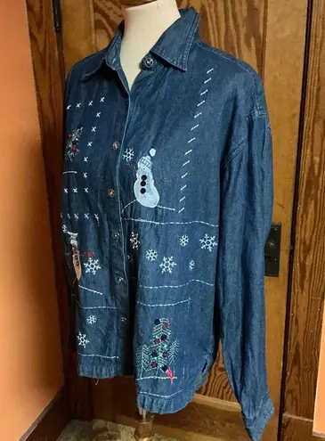 Vtg Y2K embroidered snowman denim shirt Blue Size XL
