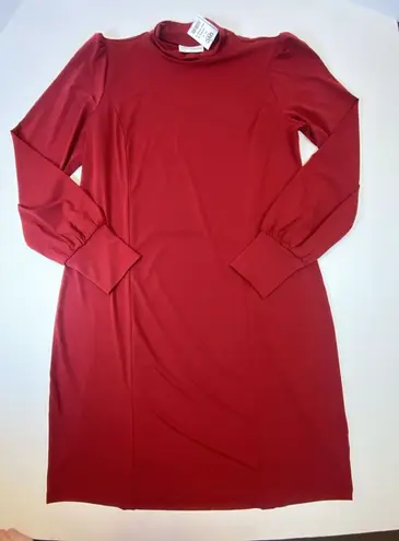 Susan Graver Liquid Knit Blouson Sleeve Mock Neck Midi A-line Dress Red Medium