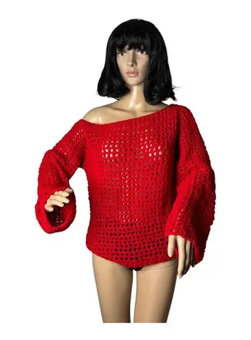 American Vintage Vintage Grandma made crochet red sexy off shoulder sweater size medium