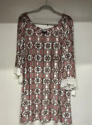 Allison Brittney Pink and Blue Sheath Midi Dress 3/4 Embroidered Sleeves