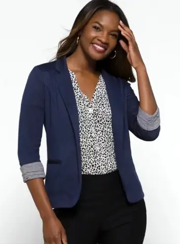 Skies Are Blue Asa Knit Blazer Medium Navy Blue Open Front Office Career New - Image 1