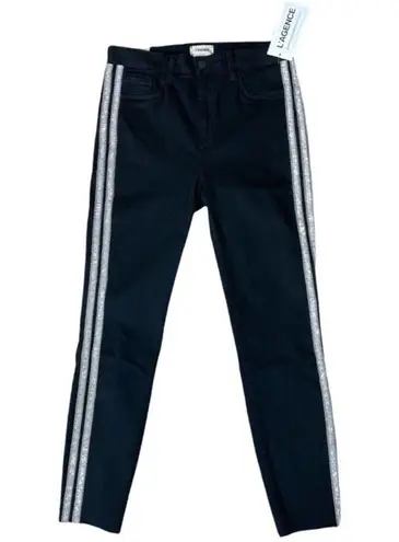 L'Agence L’AGENCE Margot Black Denim Silver Side Stripes Moto Denim Ankle Crop size 31