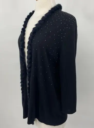 Chico's  Sweater Open Front Faux Fur Trim Bedazzle Long Sleeve Black Womens Medium