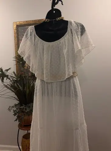 Women's Bright Maid Dress M White Swiss Polka Dots Ruffle Trim Pleated 2 Tiers Size M